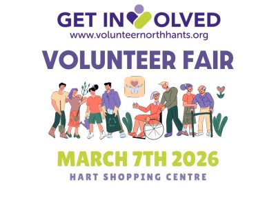 Picture of a poster setting out the details of a Volunteer Fair to be held on March 7th 2026 in Hart Shopping Centre which includes a picture of lots of people.